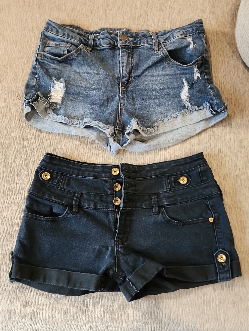 Two Pair Refuge Distressed Blue Denim & Black Button-Front Jean Shorts